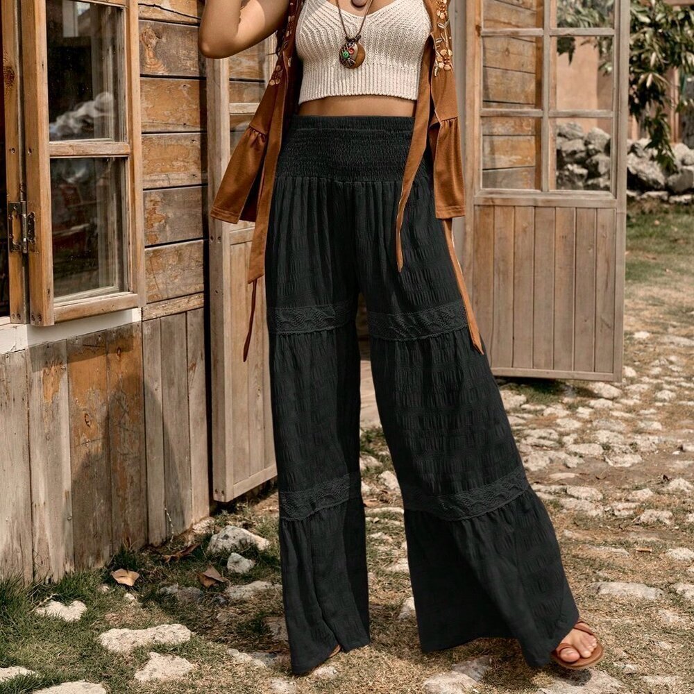Black Boho Women's Western Textured Floral Patchwork Pants - Picture 1 of 6